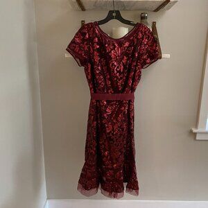 Holiday Perfection! Tadashi Shoji Paillette Embroidered Lace Dress in Merlot